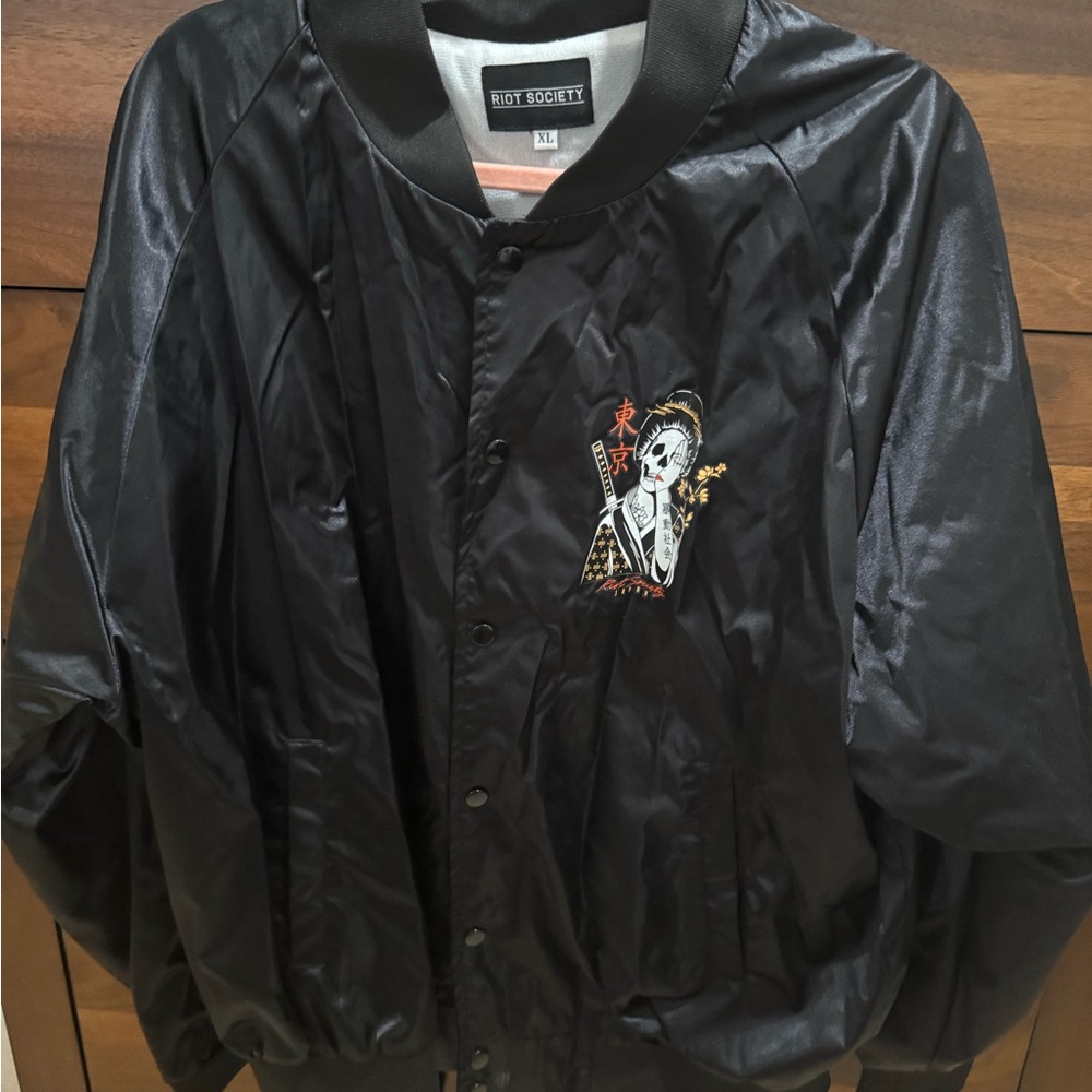 Riot Society Black Bomber Jacket with Japan Geisha Girl
